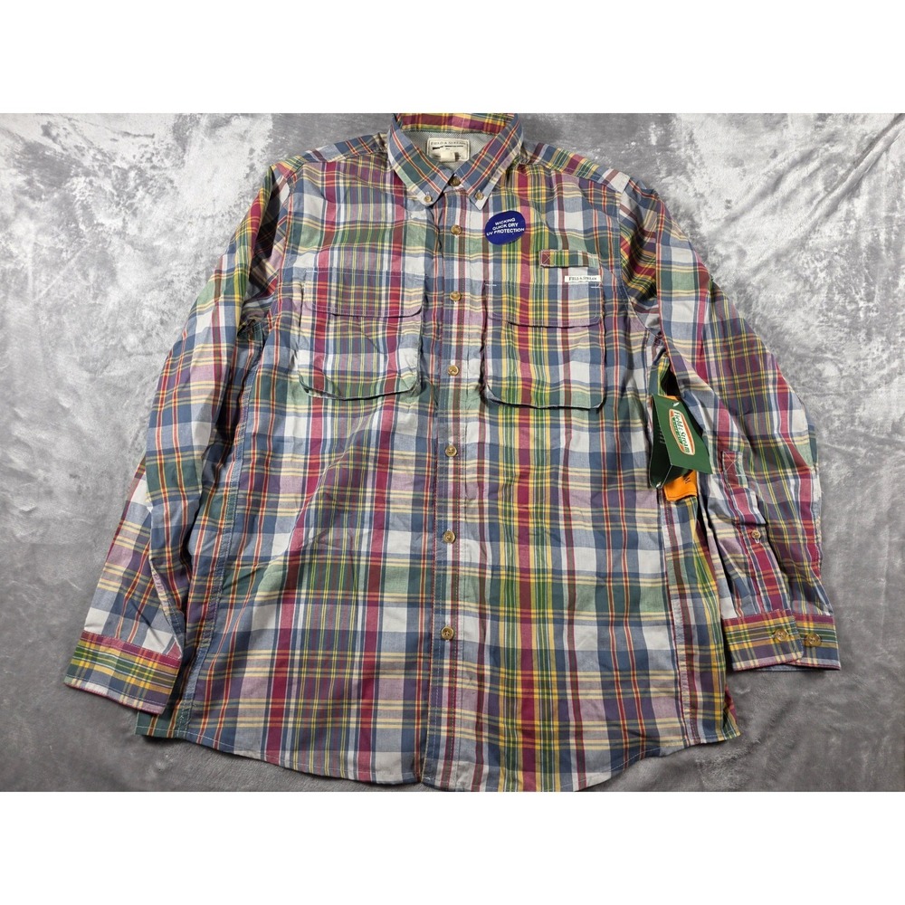 Field & Stream Outdoor Shirt Mens Medium Madras Plaid Quick Dry UV Vented